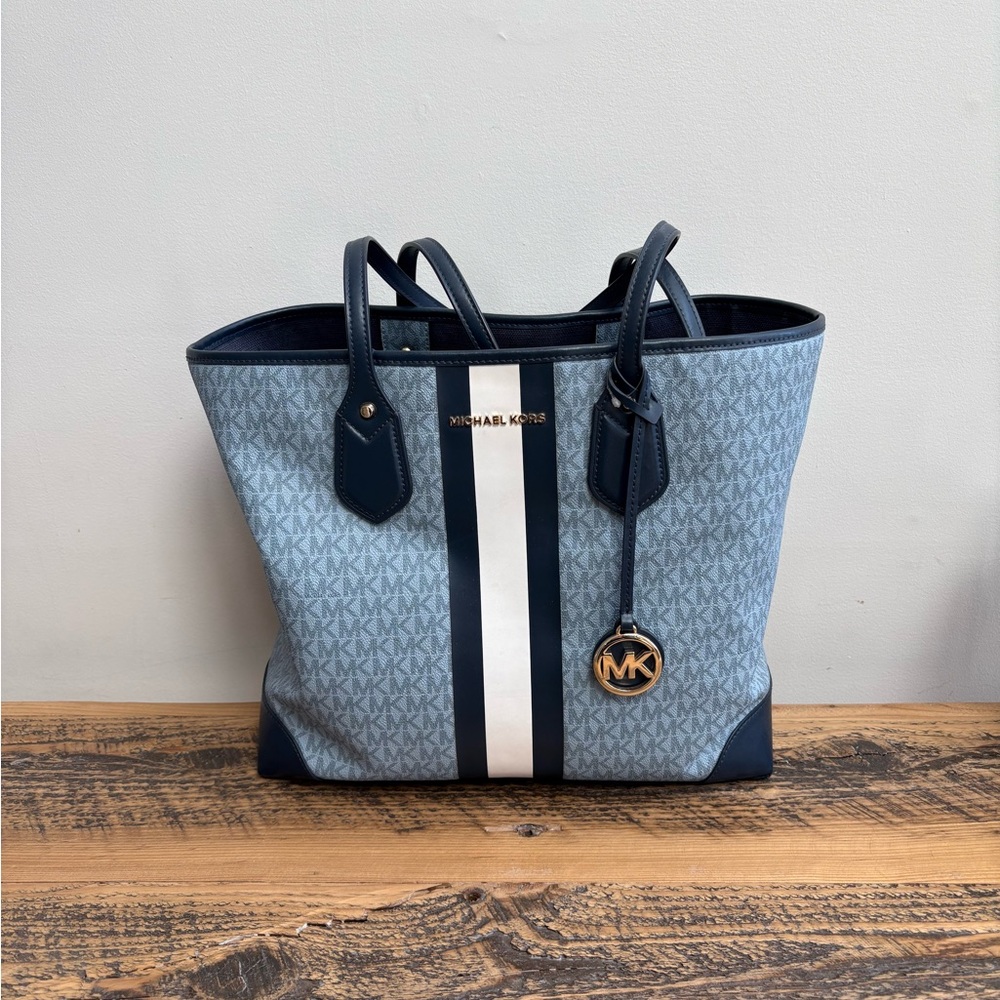 Michael Kors Eva Large Logo Stripe Tote Bag in Chambray Multi ~ Pre loved